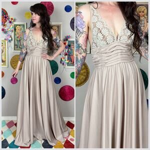 Vintage 1970s Taupe Illusion Floral Lace Strappy Backless Gown